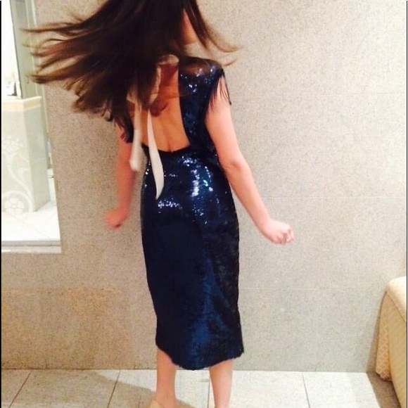 SOLD πVTG Blue Sequin Midi Fringe Open Back Dress M - Picture 5 of 16